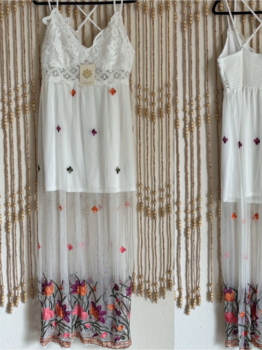 NWT Rebellion White Crochet Lace with Purple Orange Embroidered Floral Hem Dress